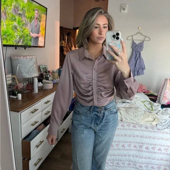 NWOT Purple Rouched Button Down - Picture 3 of 5